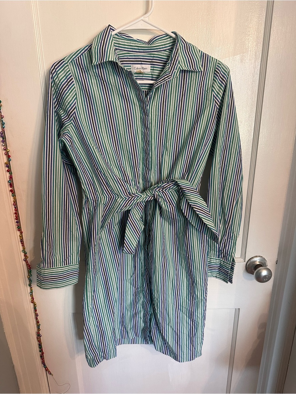 Calvin Klein Striped Tie-Waist Shirt Dress in Green & Blue Size 2
